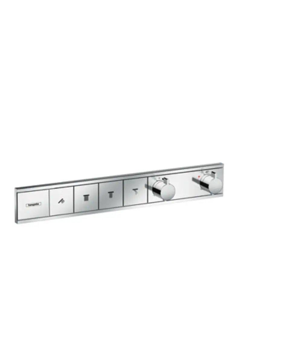 Thermostat-Bedienelement von Hansgrohe für die Steuerung von vier Wasserverbrauchern, mit zwei Drehreglern und Symbolen zur Funktionserkennung auf metallicfarbener Oberfläche.